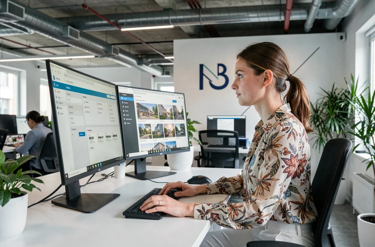 Consultante immobilière de l'agence digitale 123 Web Immo Paco Immobilier travaillant sur une plateforme de gestion locative en ligne dans un bureau moderne de Calais