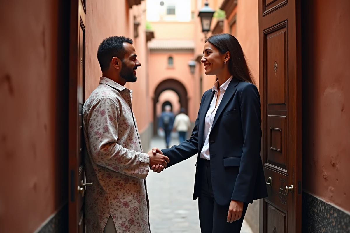 Couple marocain signant un accord d'achat d'un riad avec une agente immobilière devant une porte en bois sculpté de la médina de Marrakech