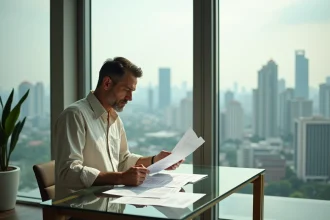 Acheteur étranger consultant des documents immobiliers dans un appartement moderne de Bangkok avec vue sur les gratte-ciels thaïlandais