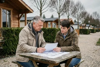 Couple d'acheteurs examinant les documents d'achat d'un chalet en camping ouvert à l'année en Vendée