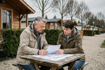 Couple d'acheteurs examinant les documents d'achat d'un chalet en camping ouvert à l'année en Vendée