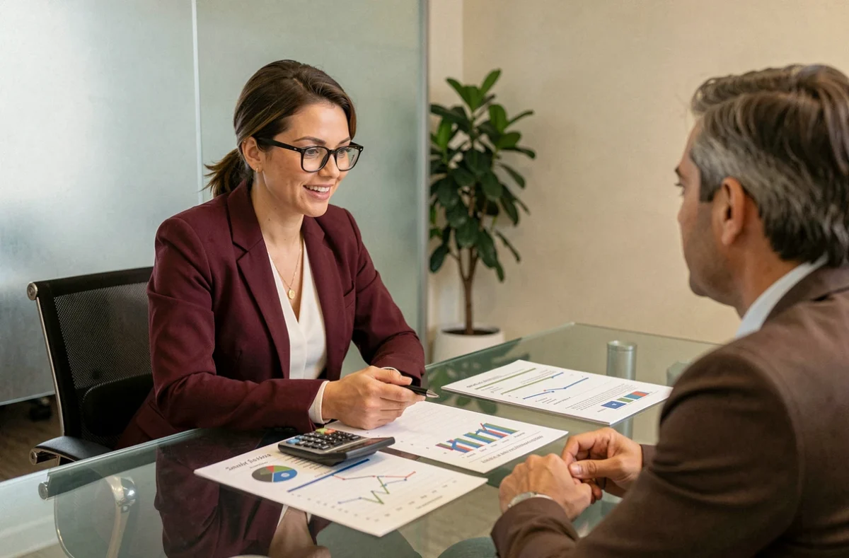 Conseillère d'Acte 2 Financement expliquant des options de prêt immobilier à un couple dans un bureau financier épuré