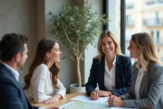 Agent immobilier francophone à Barcelone présentant des annonces immobilières à un couple expatrié dans une agence moderne
