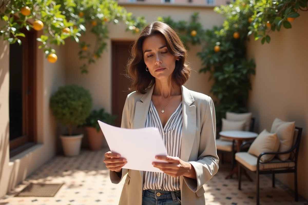 Agent immobilier vérifiant une annonce de location longue durée dans un jardin de maison à Essaouira