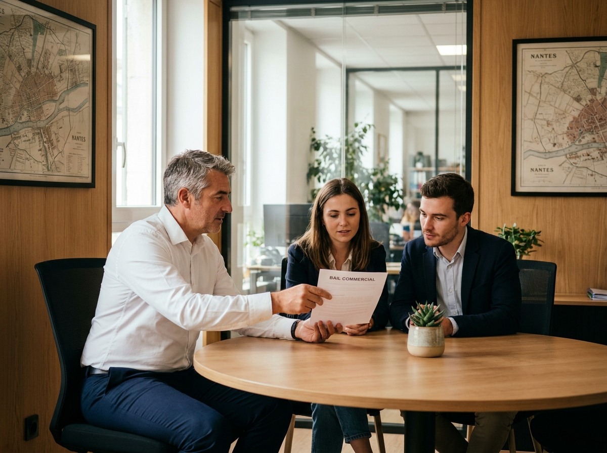 Agent immobilier présentant un contrat de location de bureau à des entrepreneurs dans une agence à Nantes
