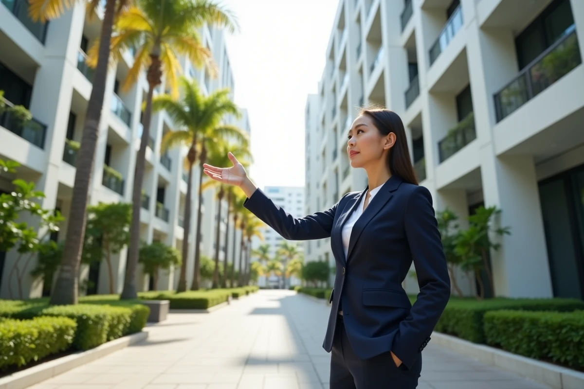 Agent immobilière thaïlandaise présentant un immeuble de condominiums moderne en Thaïlande lors d'une visite extérieure