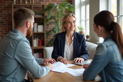 Agent immobilière Patricia accompagnant un couple vendeur lors d'une consultation personnalisée autour de documents de vente