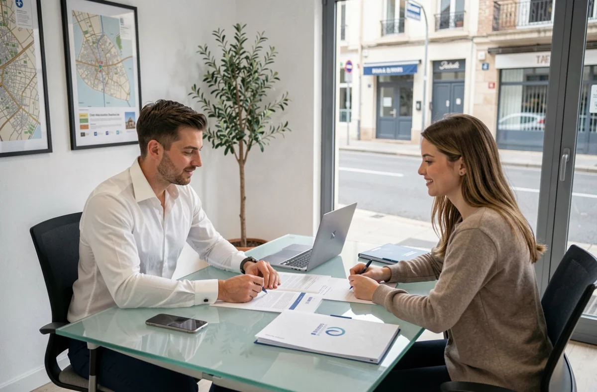 Agent immobilier expliquant les clauses importantes d'un contrat de location à Béziers à un jeune couple
