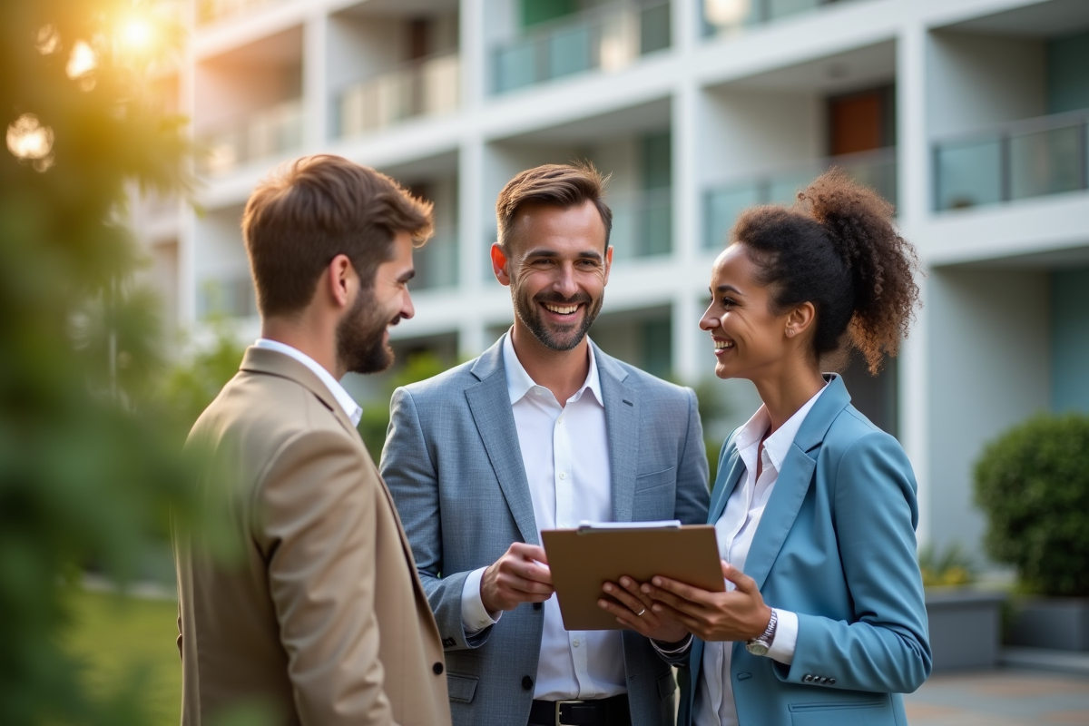 Agent immobilier discutant avec un couple devant un immeuble