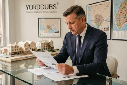 Agent immobilier consultant des documents sur la loi Pinel à Bordeaux dans une agence moderne