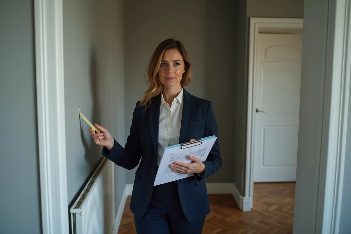 Agent immobilier mesurant la surface d'une petite chambre avec un mètre ruban lors d'une expertise de conformité avant mise en location