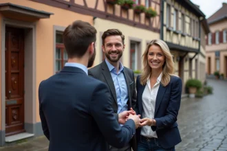 Agent immobilier IMMO PROXIMA remettant les clés d'une maison alsacienne à Colmar à un couple d'acheteurs satisfaits