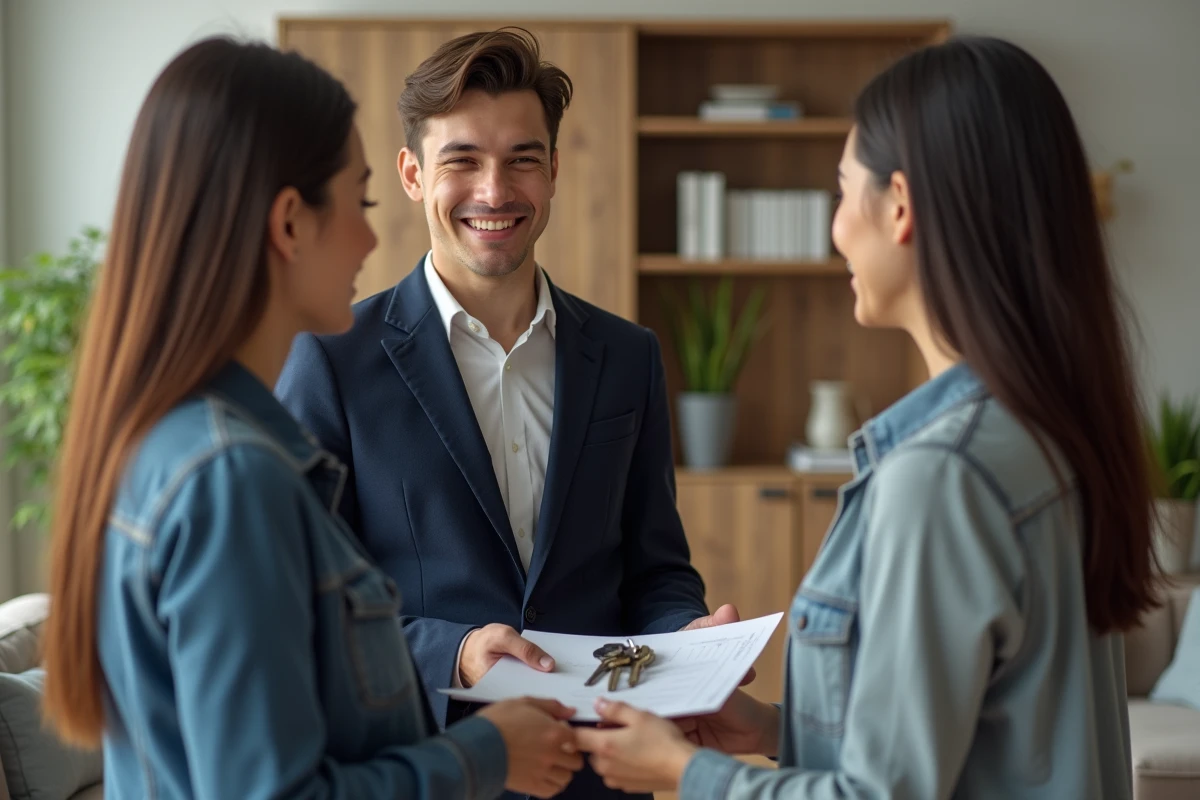 Agent immobilier remet des clés à un couple dans un salon accueillant