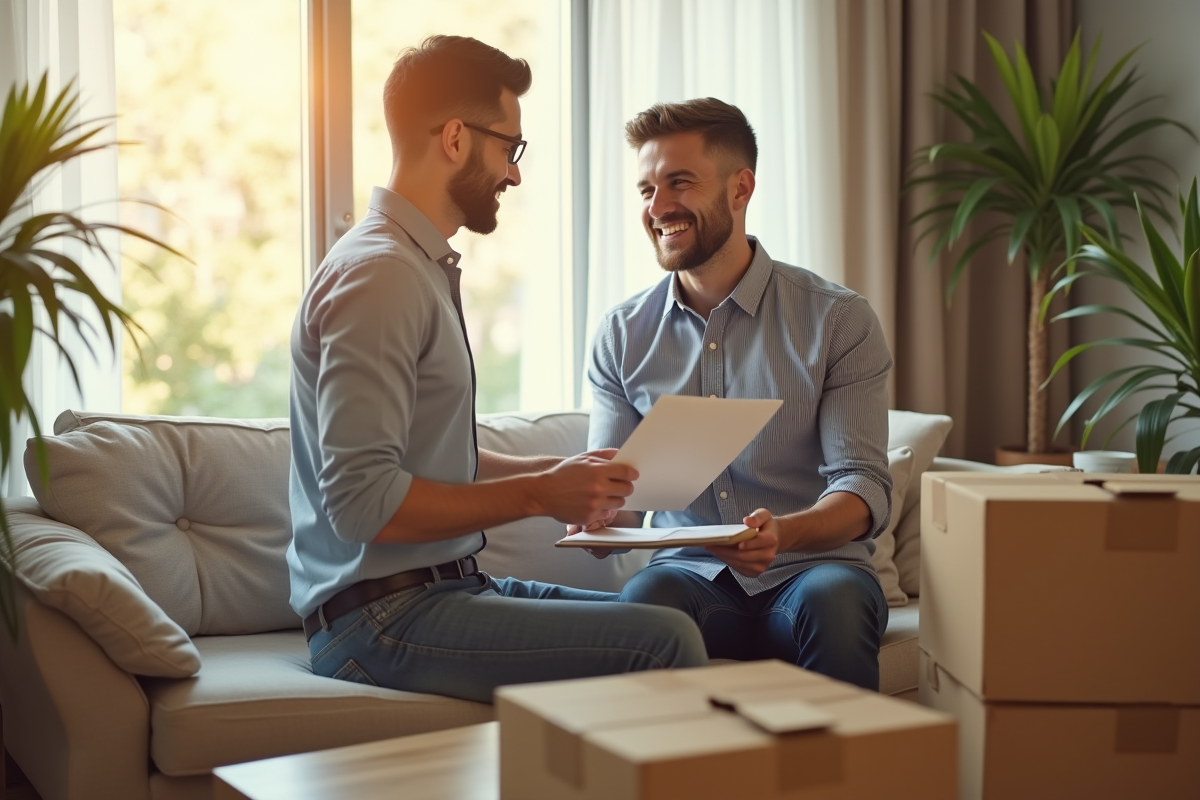 Agent immobilier remettant documents à un acheteur dans un appartement lumineux