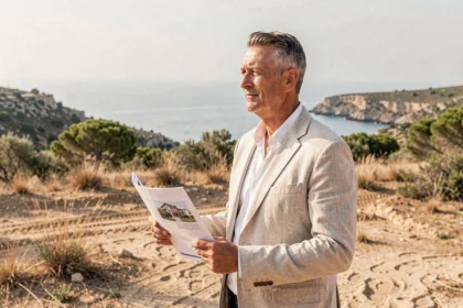 Agent immobilier tenant des documents sur un terrain à vendre en bord de mer avec vue sur le littoral méditerranéen