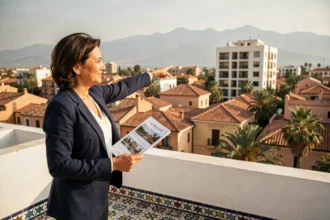 Agent immobilier marocaine sur une terrasse avec vue sur les toits de Marrakech et la médina, tenant une brochure d'appartement à vendre dans le quartier Guéliz