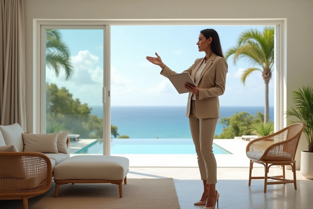 Agent immobilier présentant les critères à vérifier dans une villa de luxe à louer à Saint-Barthélemy
