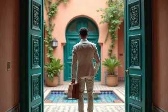 Agent immobilier devant une villa traditionnelle à vendre à Marrakech avec porte en bois sculpté et fontaine en zellige