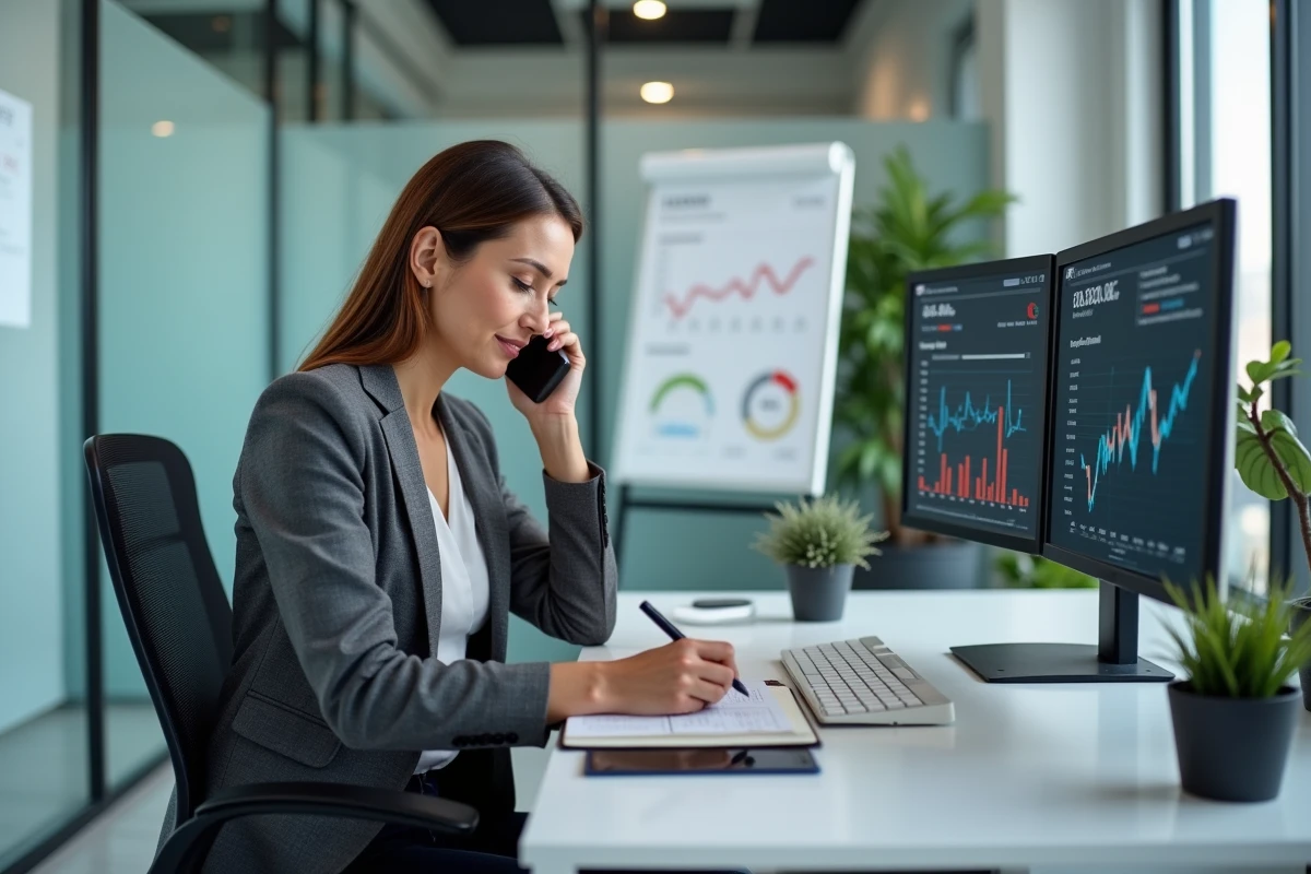 Agente immobilière analysant le marché et gérant les dossiers de vente depuis son bureau connecté
