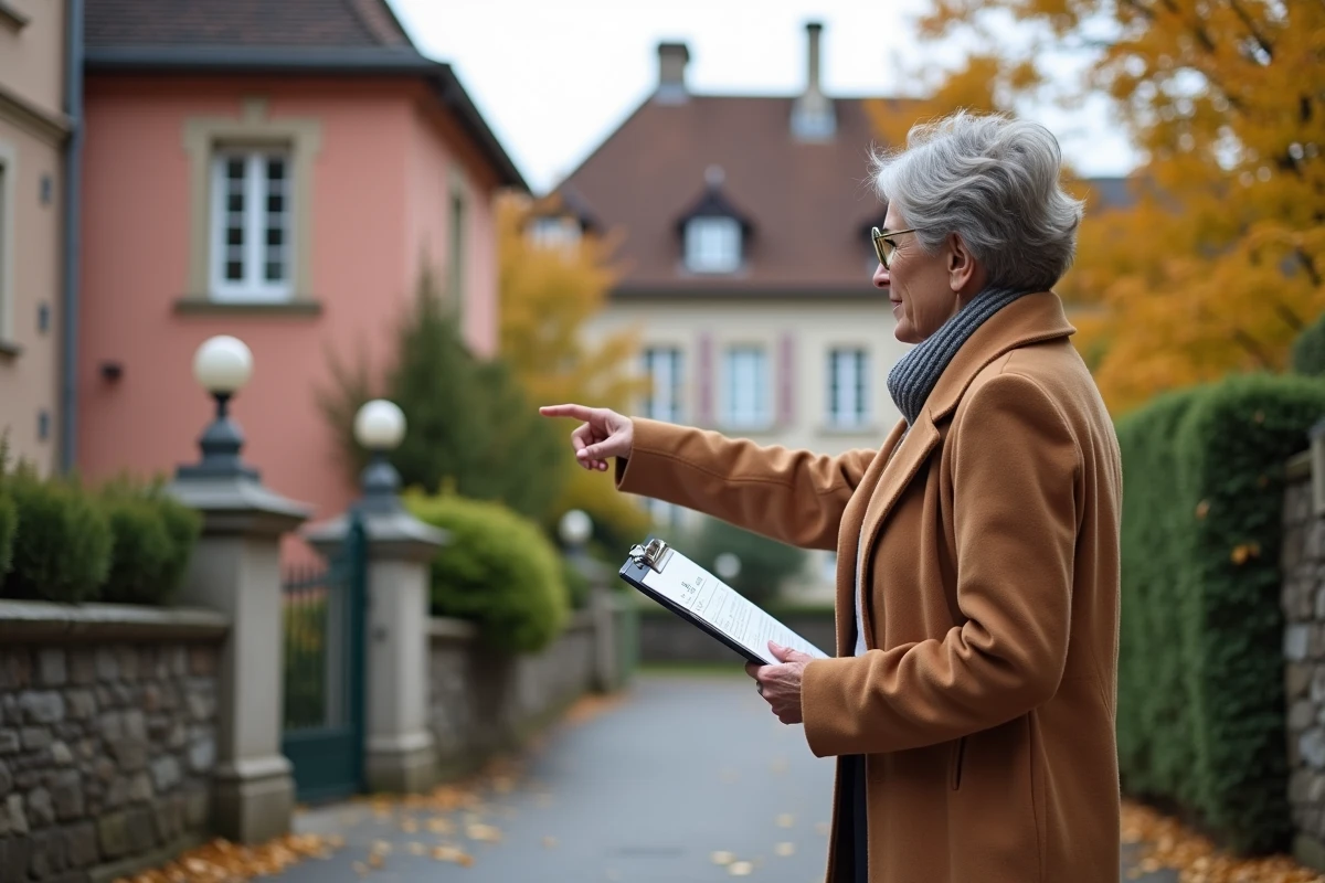 Agente immobilière devant une maison alsacienne à vendre dans un quartier résidentiel de Colmar avec panneau À Vendre