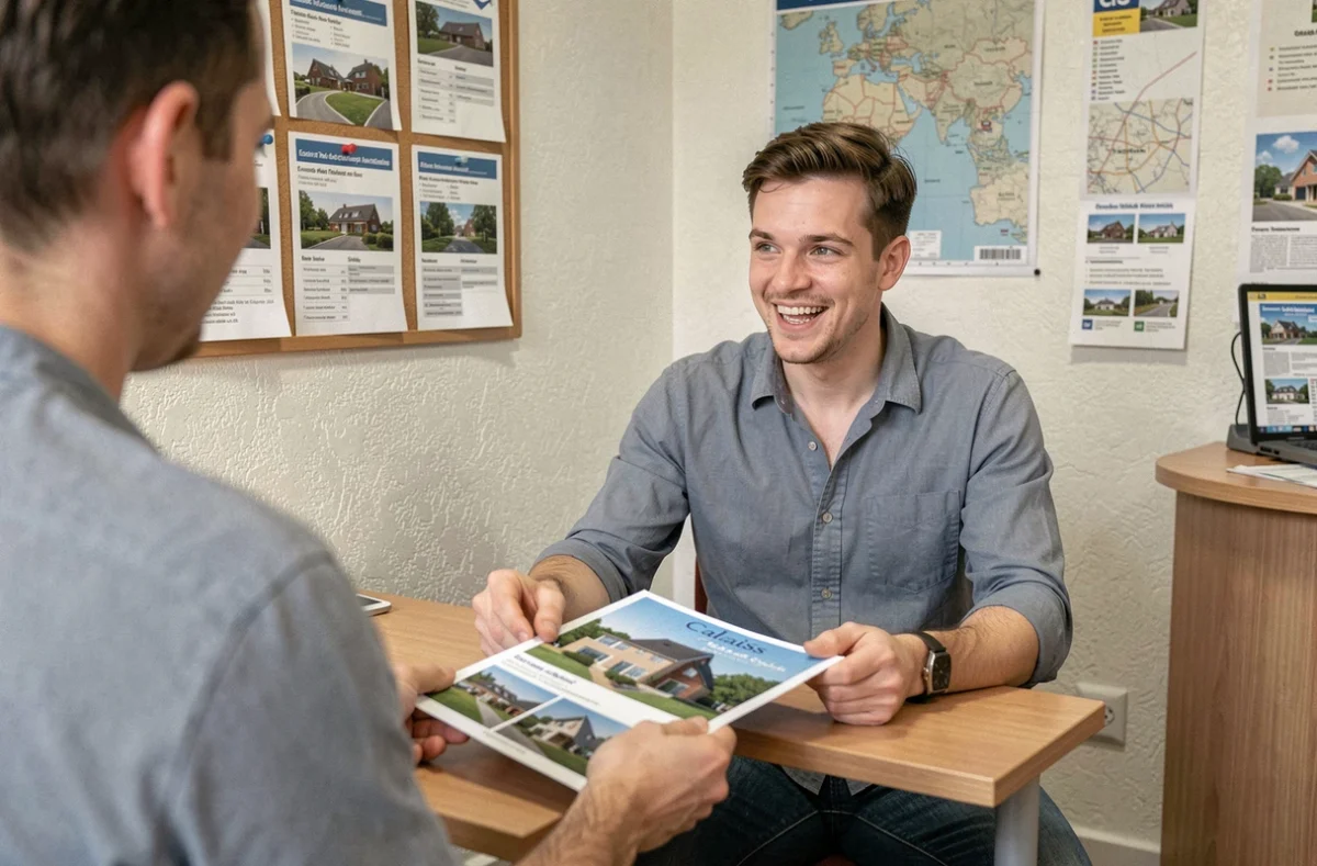 Conseiller immobilier d'Allo Immo 62 présentant une brochure de location à un client dans une agence locale du Calaisis