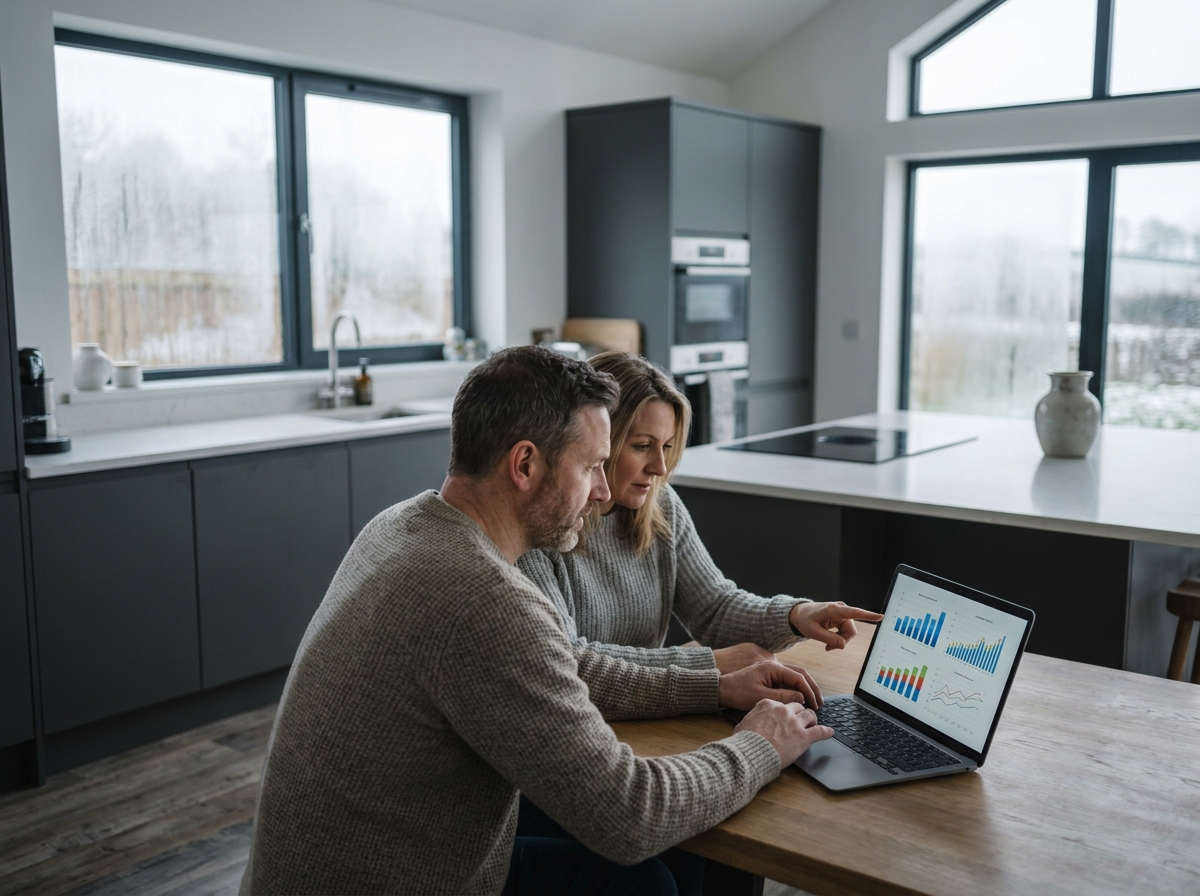 Couple analysant leur consommation énergétique sur un ordinateur portable pour optimiser le chauffage de leur maison de 200 m²