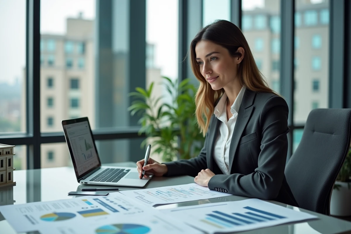Femme investisseuse analysant des rendements locatifs sur tableur et modèle architectural dans un bureau moderne, stratégie d'investissement immobilier meublé