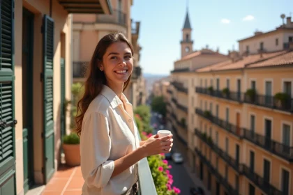 Femme souriante sur le balcon d'un appartement en location à Barcelone avec vue sur les façades de l'Eixample