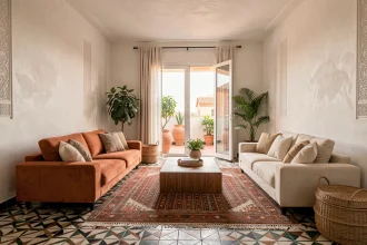 Salon moderne d'un appartement à vendre à Marrakech avec carrelage zellige et décoration marocaine contemporaine