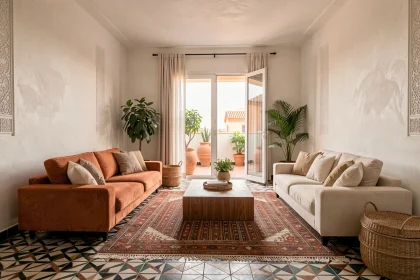 Salon moderne d'un appartement à vendre à Marrakech avec carrelage zellige et décoration marocaine contemporaine