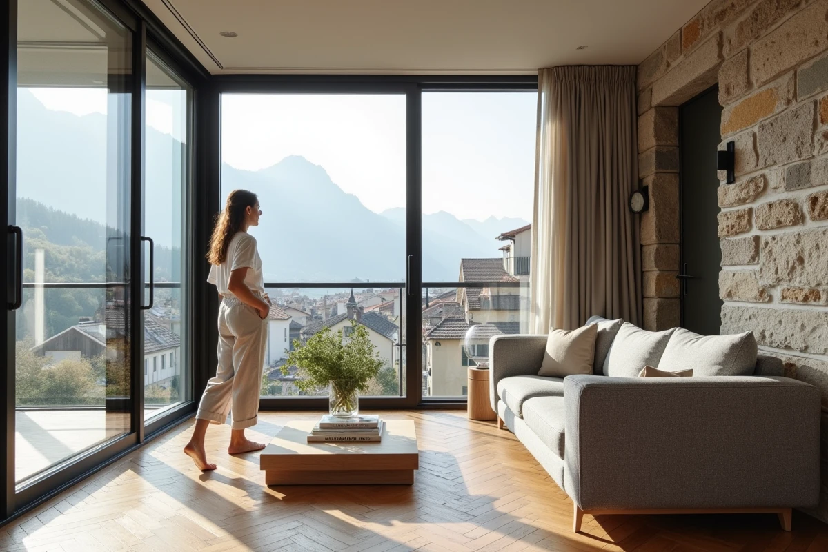 Appartement rénové à l'Île Verte Grenoble avec parquet en chevrons, mur en pierre apparente et vue sur les toits et le Vercors