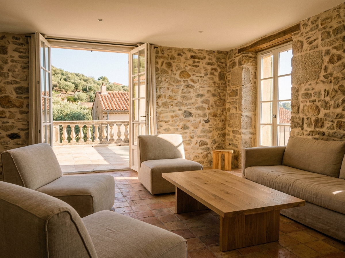 Intérieur rénové d'un appartement à Ajaccio avec terrasse et vue sur les toits corses