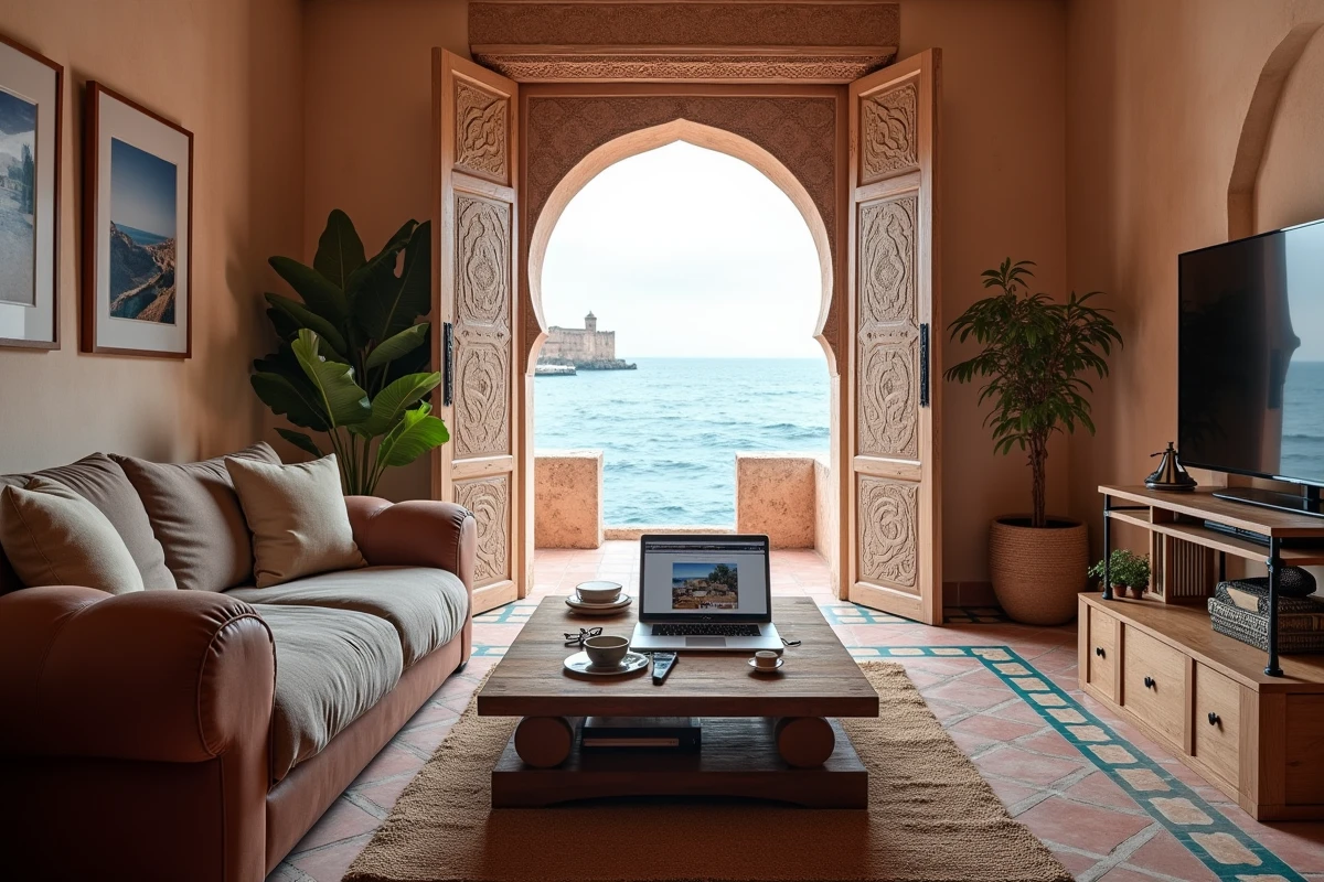 Intérieur d'un appartement en riad à Essaouira avec vue sur l'océan et documents de location longue durée