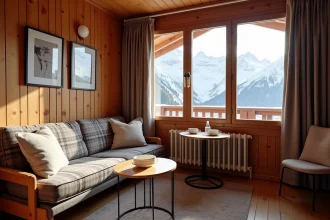 Intérieur d'un appartement de ski aux Menuires avec salon en bois et vue sur les montagnes enneigées