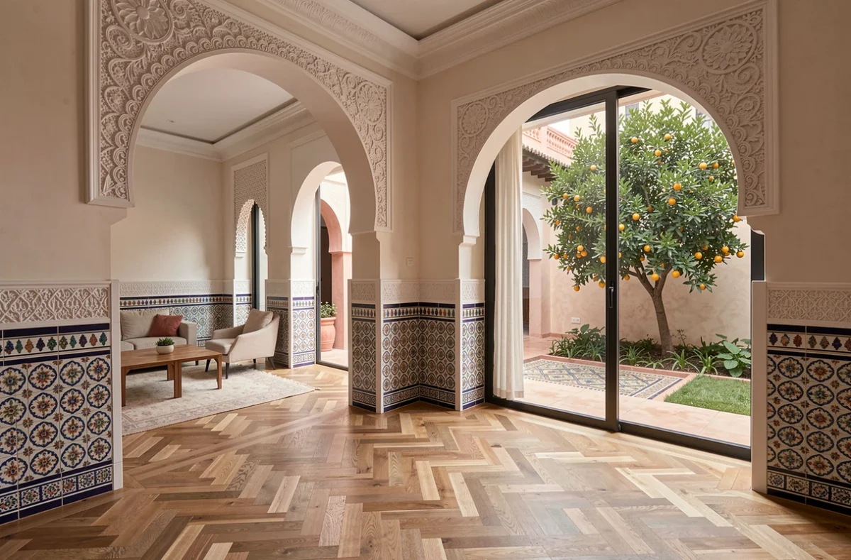 Intérieur d'un appartement moderne à vendre à Marrakech dans le quartier Hivernage, avec carrelage marocain traditionnel, parquet en chêne et vue sur une cour intérieure verdoyante