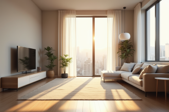 Appartement vide lumineux avec fenêtres grandes et poussière