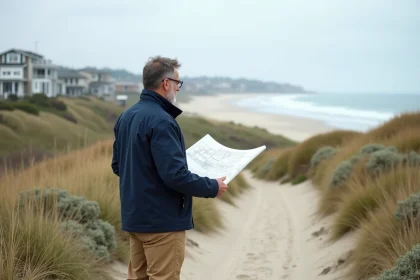 Architecte homme examinant des plans sur la côte méditerranéenne