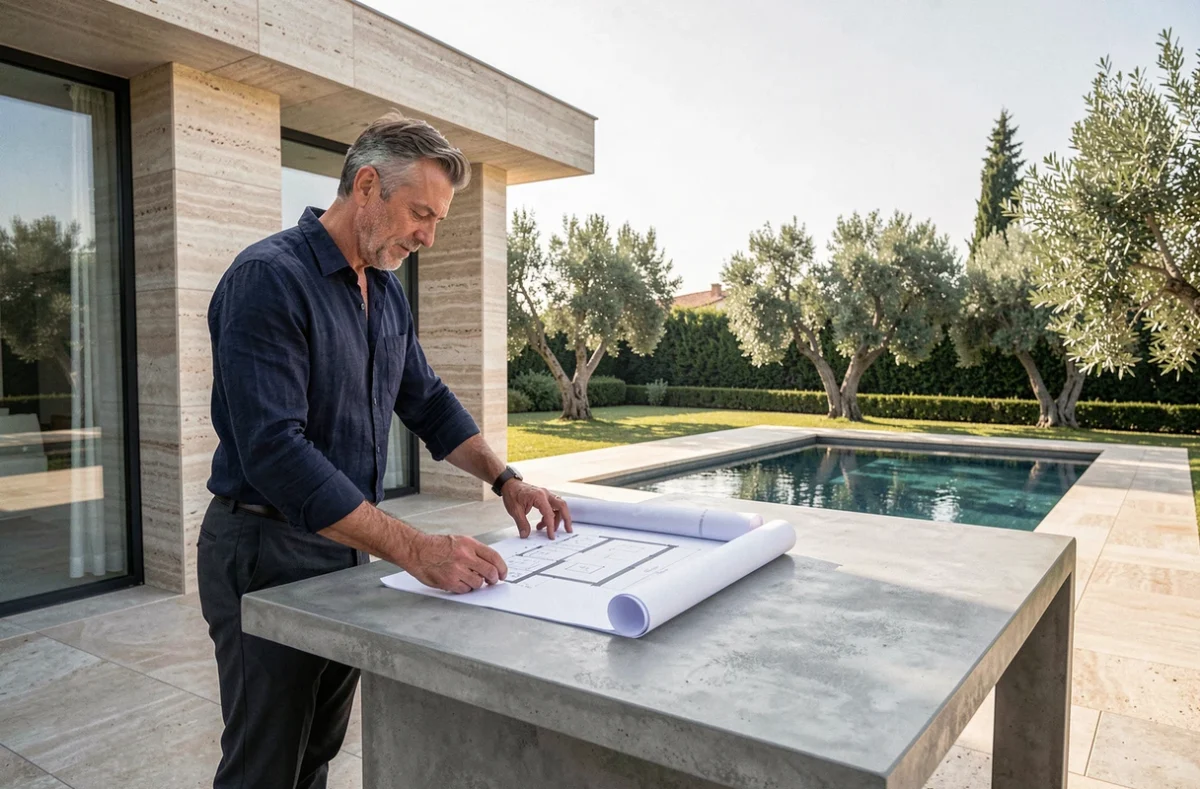 Architecte consultant les plans d'une villa de luxe en Provence pour évaluer les critères de prestige immobilier