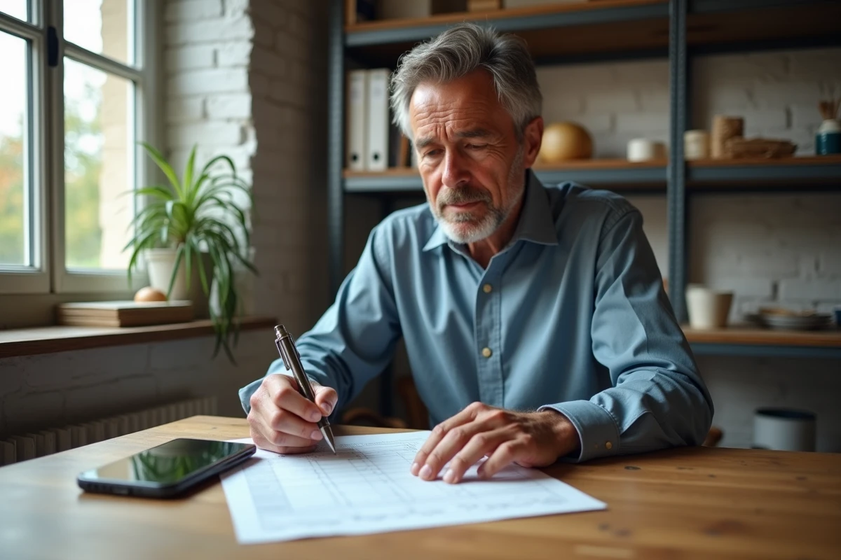 Artisan remplissant un formulaire de révision de prix basé sur l'indice BT47 dans son bureau
