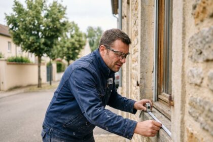 Artisan poseur de fenêtres mesurant un cadre de fenêtre sur une maison en pierre, vêtu d'un uniforme bleu marine professionnel
