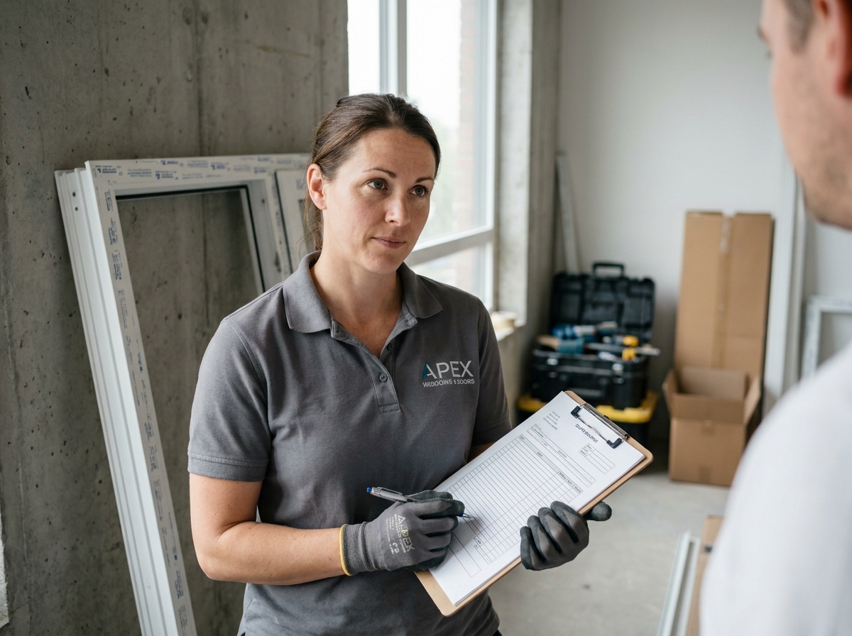 Artisane installatrice de fenêtres consultant un devis technique sur chantier dans un appartement moderne avec fenêtre PVC