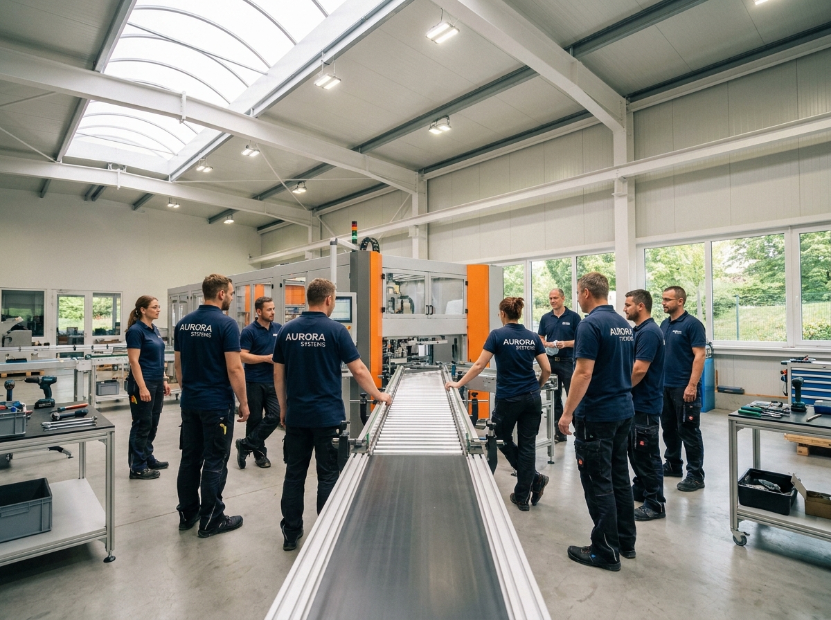 &Eacute;quipe diverse assemblant machines dans usine modernis&eacute;e