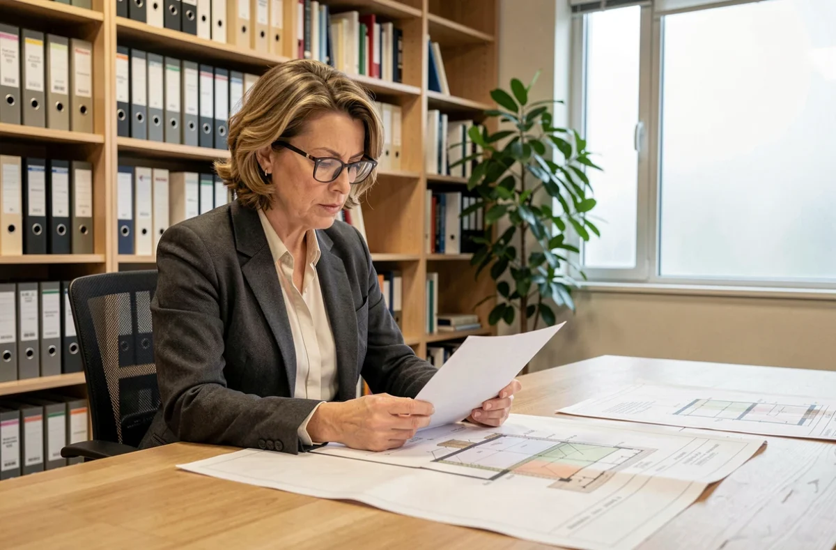 Assureuse examinant un rapport d'étude de sol pour l'évaluation d'une garantie décennale