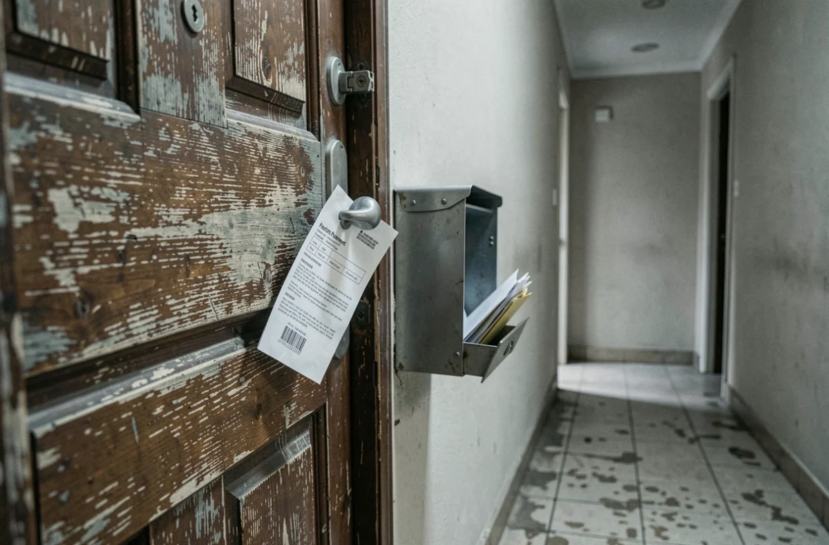 Avis de loyer impayé glissé dans la poignée d'une porte d'appartement locatif