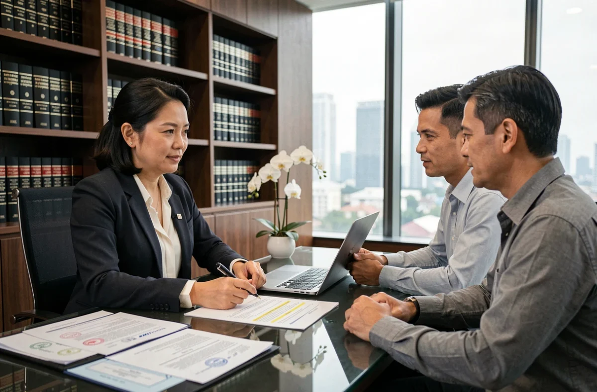 Avocate thaïlandaise expliquant les implications légales d'un achat immobilier en Thaïlande à un couple mixte