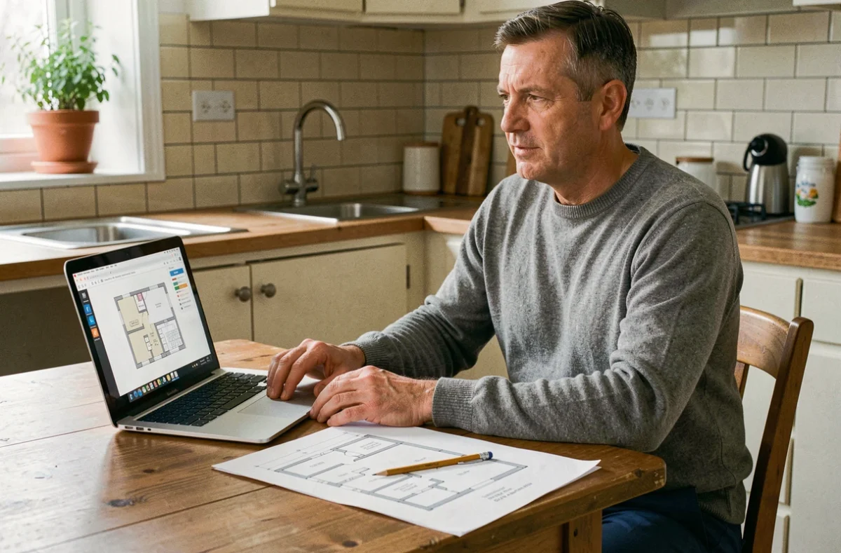 Homme consultant une calculatrice de surface m2 sur ordinateur portable avec un plan d'appartement imprimé