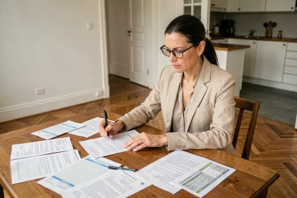 Propriétaire qui examine ses factures de travaux déductibles pour calculer la plus-value immobilière à la revente