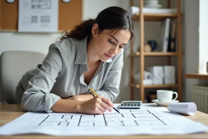 Femme architecte utilisant une calculatrice pour mesurer les surfaces en m2 sur un plan de maison posé sur un bureau en bois