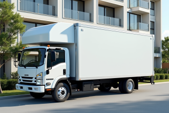 Camion blanc de 20m3 devant un immeuble moderne