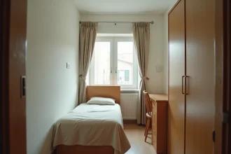 Petite chambre meublée de moins de 9 m² dans un logement locatif, avec lit simple, bureau compact et fenêtre étroite illustrant les contraintes de surface minimale